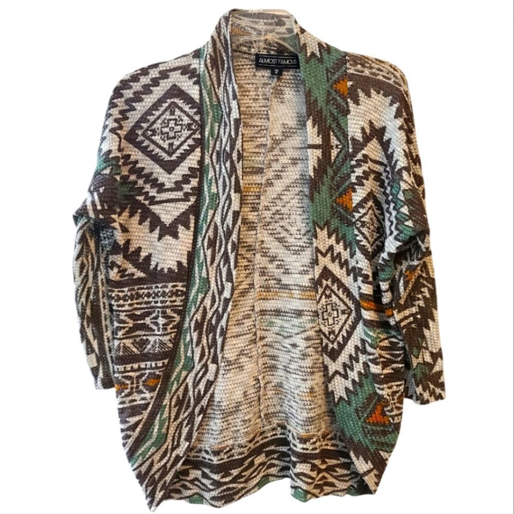 Almost Famous Aztec Open-Front Cardigan in Brown, Cream & Green